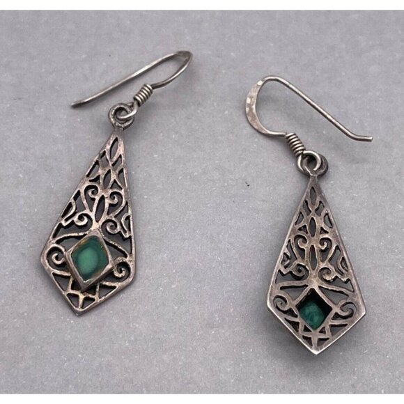 925 Sterling Silver Stone Filigree Dangle Drop Hook Earrings Oxidized Finish - Picture 7 of 7